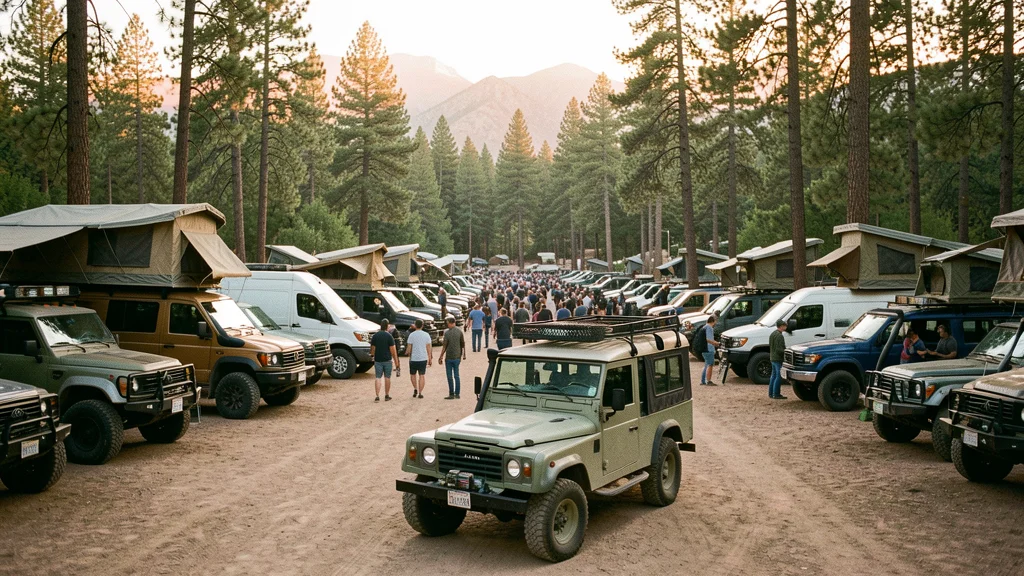 Crowded Overland Expo West show floor in Flagstaff, Arizona — modified 4x4 trucks, Sprinter vans with rooftop tents, and awnings parked on a packed-dirt lot at golden hour, mountains and ponderosa pines in the background.