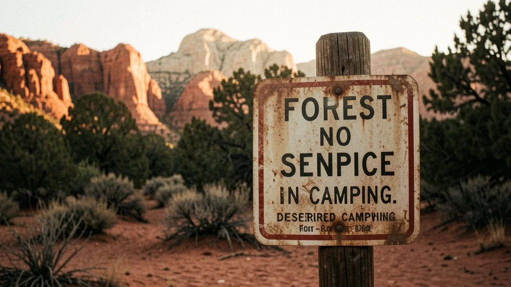 A weathered Forest Service No Camping sign posted on a wooden post at a dispersed camping area near Zion National Park, red rock sandstone cliffs and piñon-juniper woodland in the background, late afternoon warm light.
