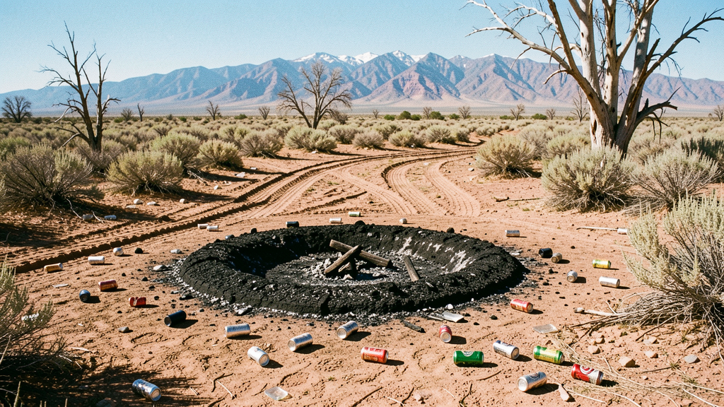A damaged dispersed campsite in the Utah high desert — an oversized black fire ring of ash surrounded by scattered beer cans, fresh tire ruts cut through desert sage brush, Henry Mountains in the background.