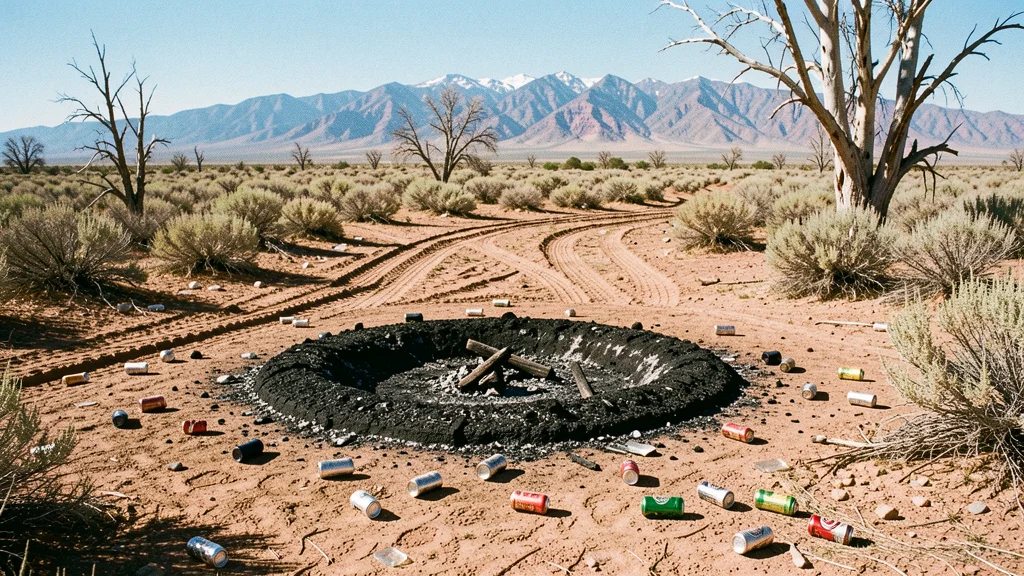 A damaged dispersed campsite in the Utah high desert — an oversized black fire ring of ash surrounded by scattered beer cans, fresh tire ruts cut through desert sage brush, Henry Mountains in the background.