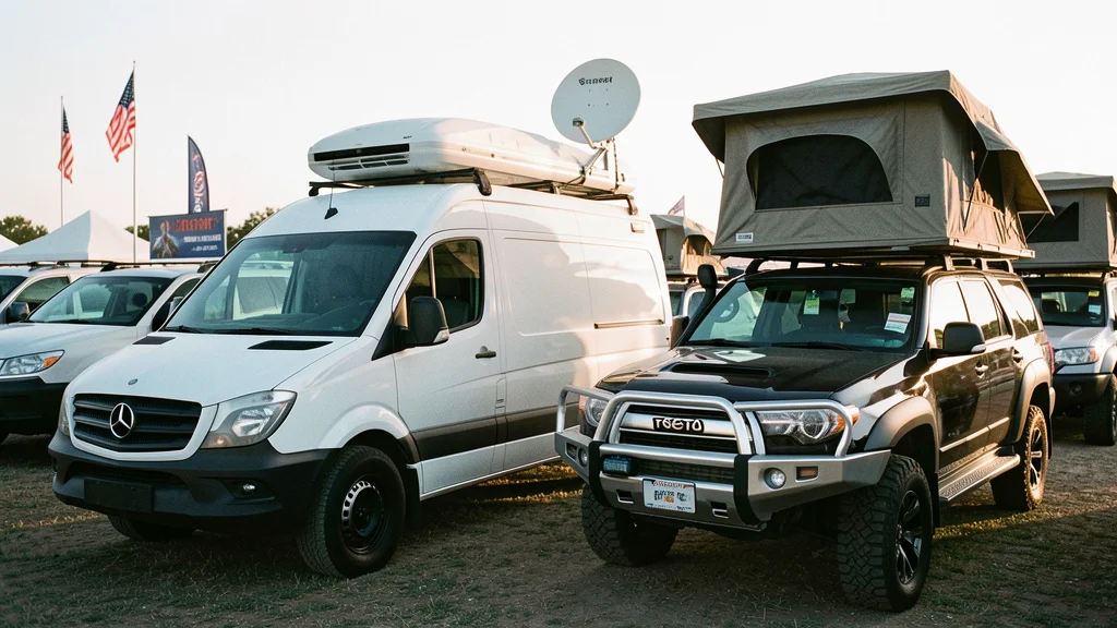 A row of expensive overland rigs on display at an outdoor expo — a white Mercedes Sprinter 144 with rooftop AC and Starlink dish parked next to a Toyota 4Runner with aluminum front bumper and roof top tent, expo banners in the background.