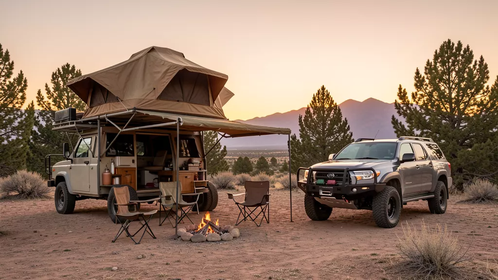 Overland rig parked at a rustic campsite in central Oregon at sunset, rooftop tent deployed, awning out, juniper trees and distant mountains