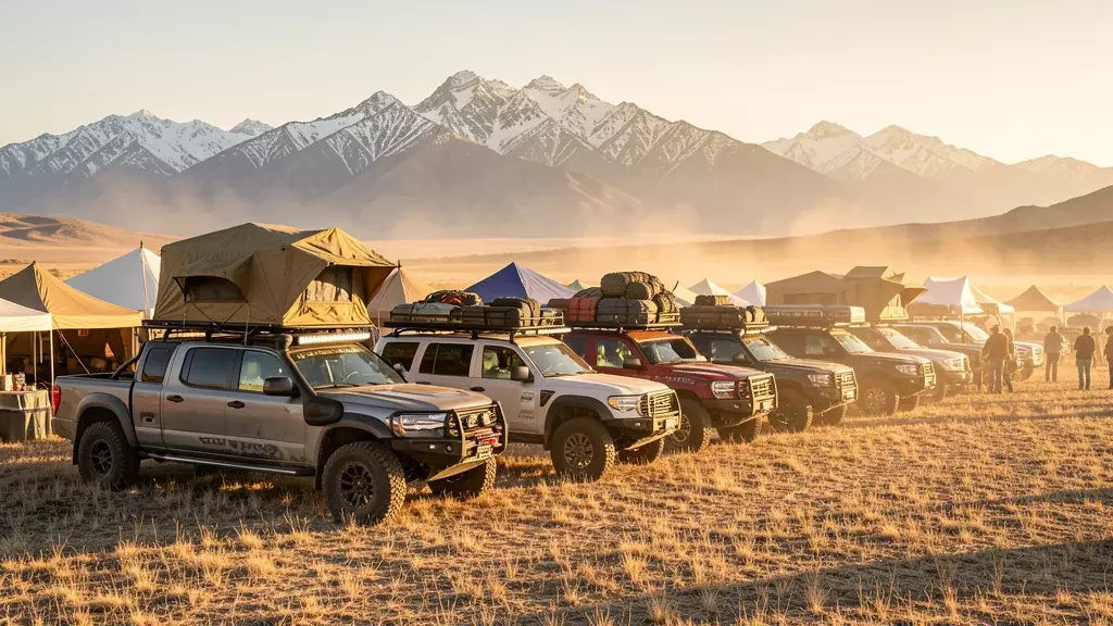 Wide banner photograph of overlanding 4x4 trucks and SUVs with rooftop tents parked at Overland Expo PNW with the snow-capped Cascade Mountains in the background at golden hour