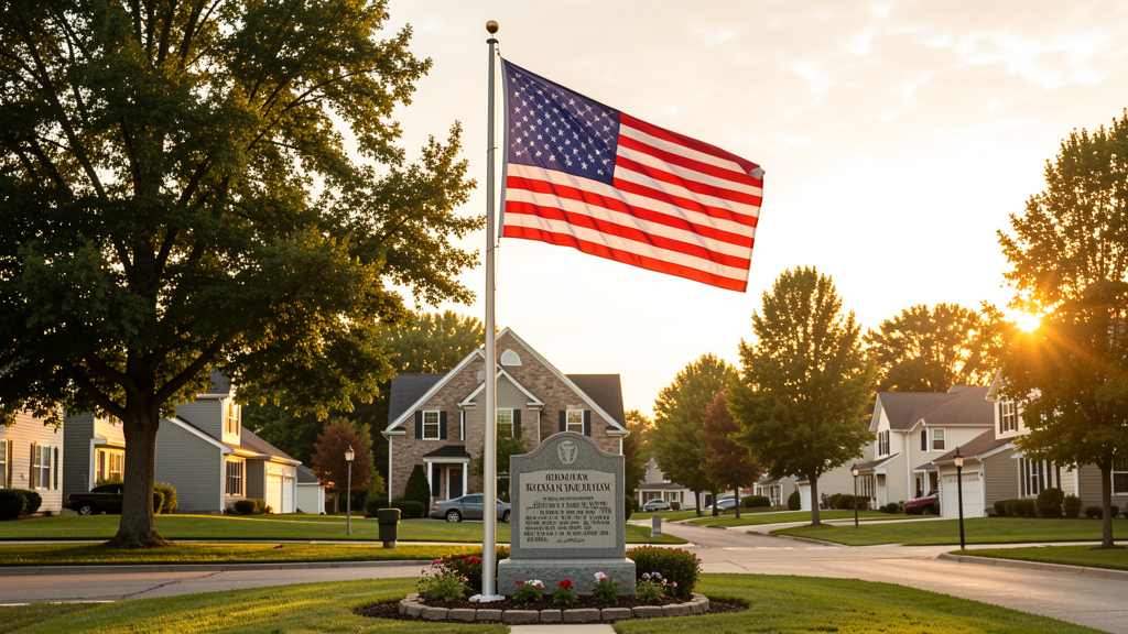American flag flying at half-staff on a residential flagpole at a small-town veterans memorial at golden hour