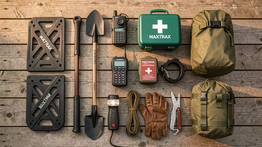 Overlanding gear laid out — MAXTRAX recovery boards, tire deflator, headlamp, multi-tool, first aid kit, ham radio, gloves, paracord — the kind of kit that pays for itself on a single trip