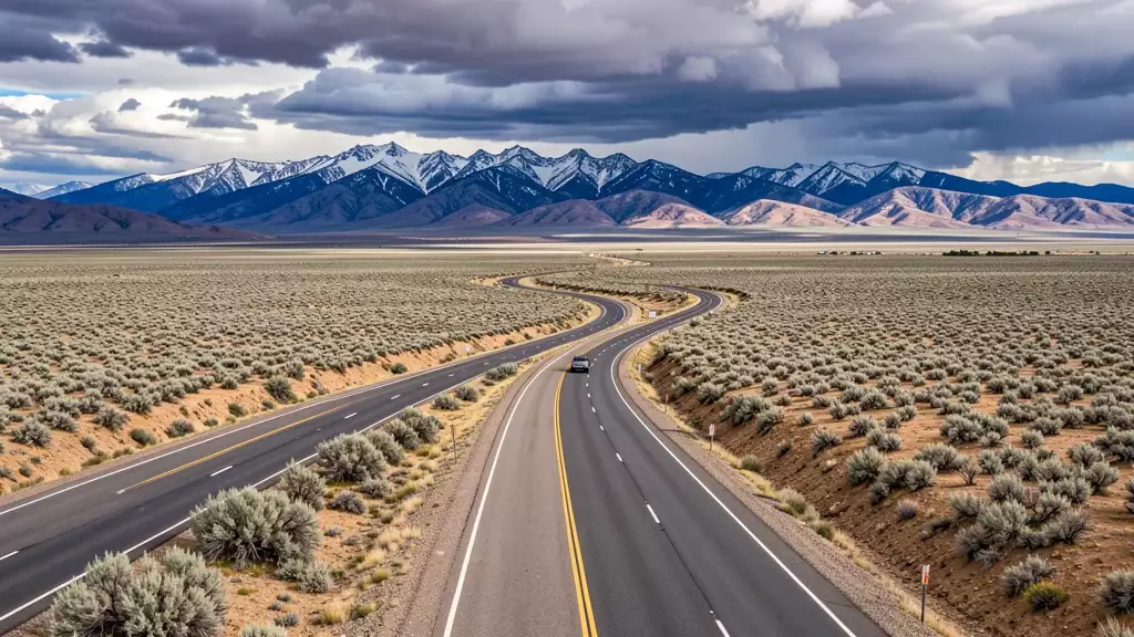Open highway cutting through central Oregon high desert toward distant Cascade Mountains, an overland vehicle traveling solo on the long road