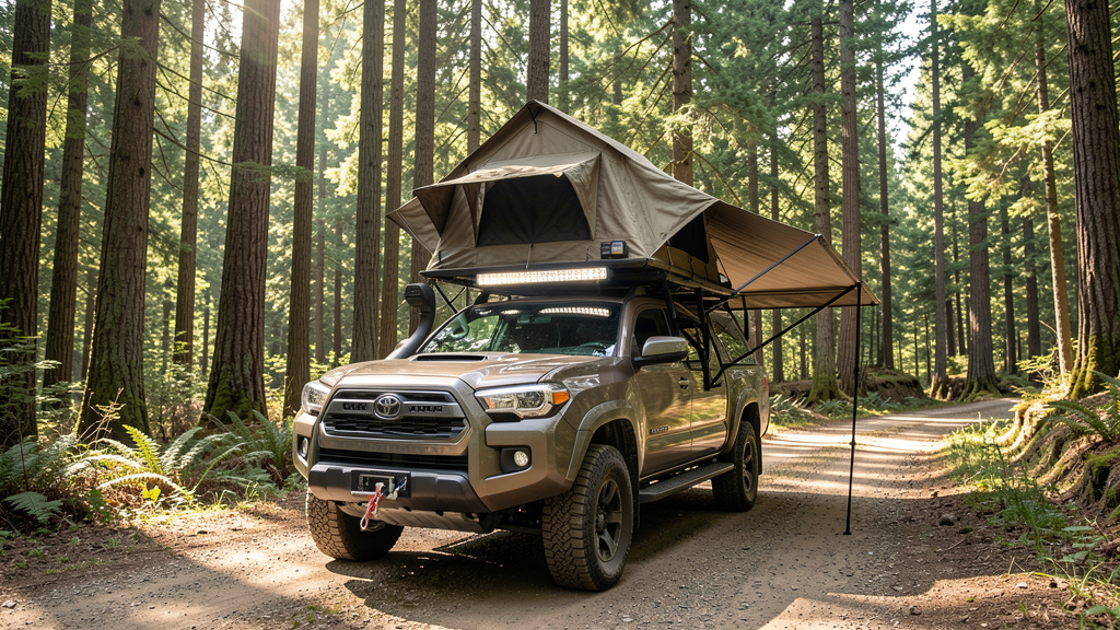 A built overland rig parked on a dusty forest service road in the Pacific Northwest, tall Douglas firs and a rugged trail ahead