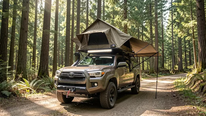 A built overland rig parked on a dusty forest service road in the Pacific Northwest, tall Douglas firs and a rugged trail ahead