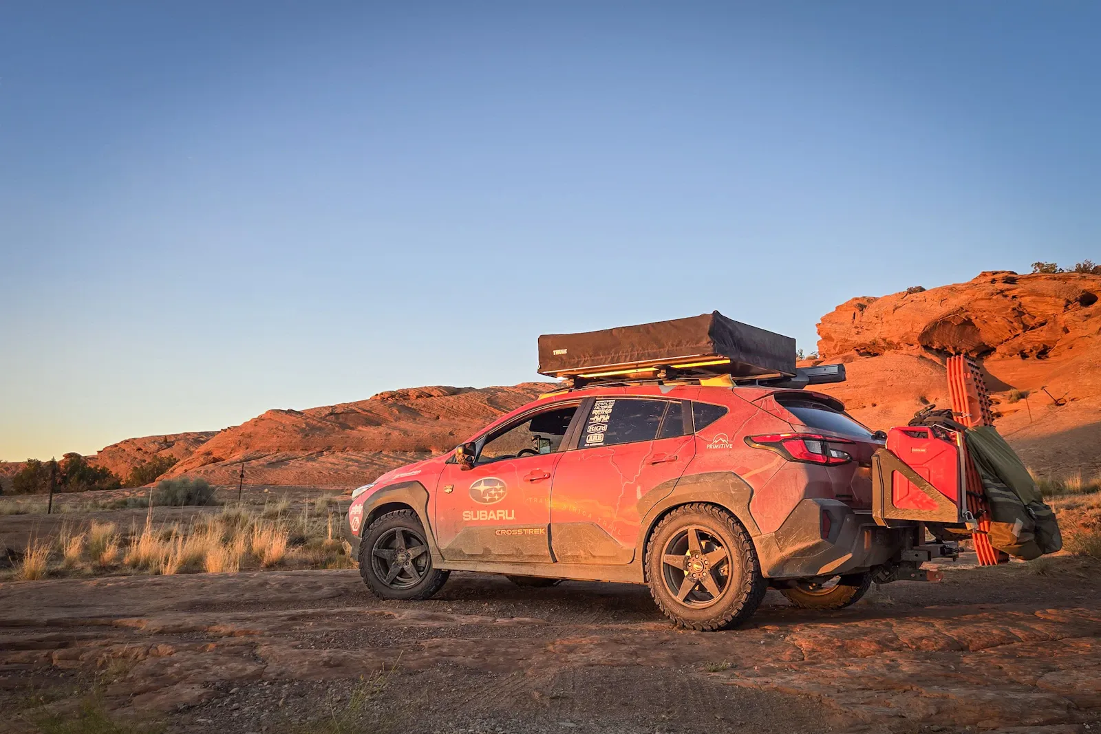 The Crosstrek on the trail — the same vehicle that did the entire TAT, parked at a viewpoint on the western section.