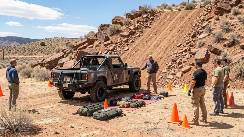 Overland driving training course in dry central Oregon terrain, an instructor standing beside a modified 4x4 truck at the base of a rocky hill climb obstacle