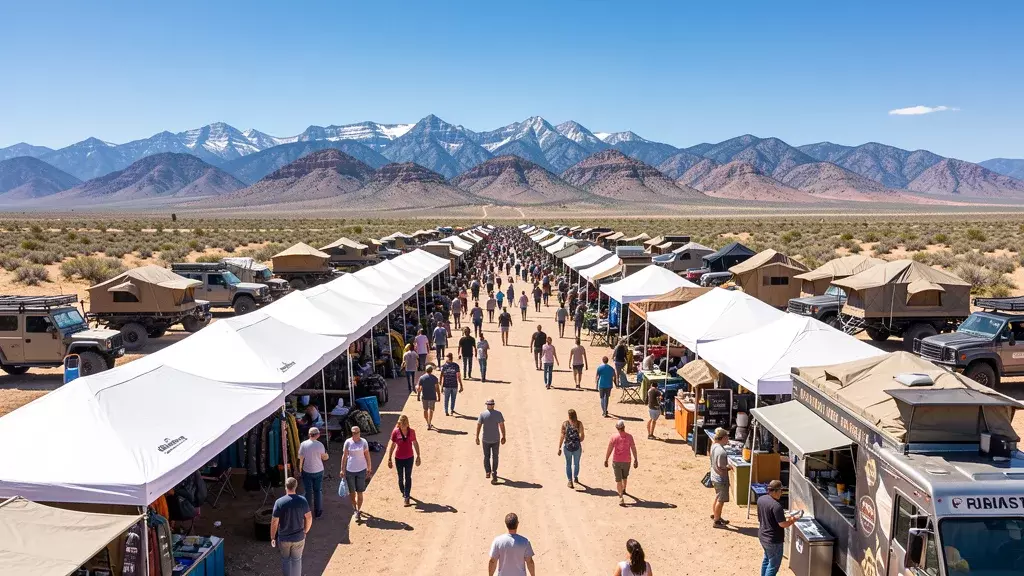 Overland Expo PNW vendor village at the Deschutes County Expo Center, white pop-up canopies stretching into the distance with overland rigs on display and the Cascade Mountains in the background