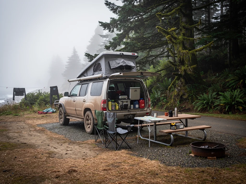 Overland vehicle at a simple developed campground near the Oregon coast after a smoke-related reroute.