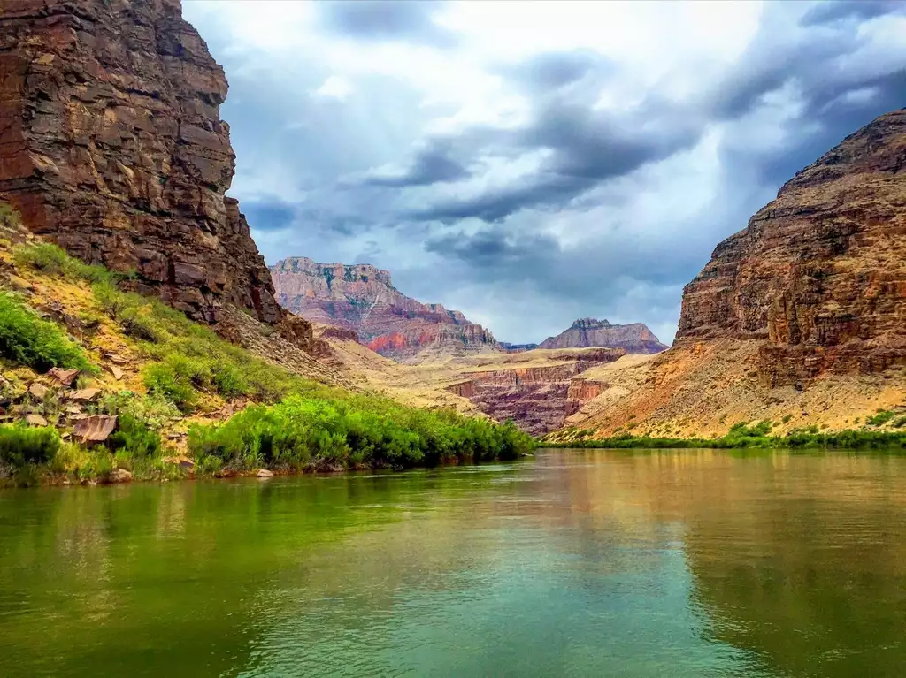 Monsoon storm clouds over the Grand Canyon, looking downstream along the Colorado River.