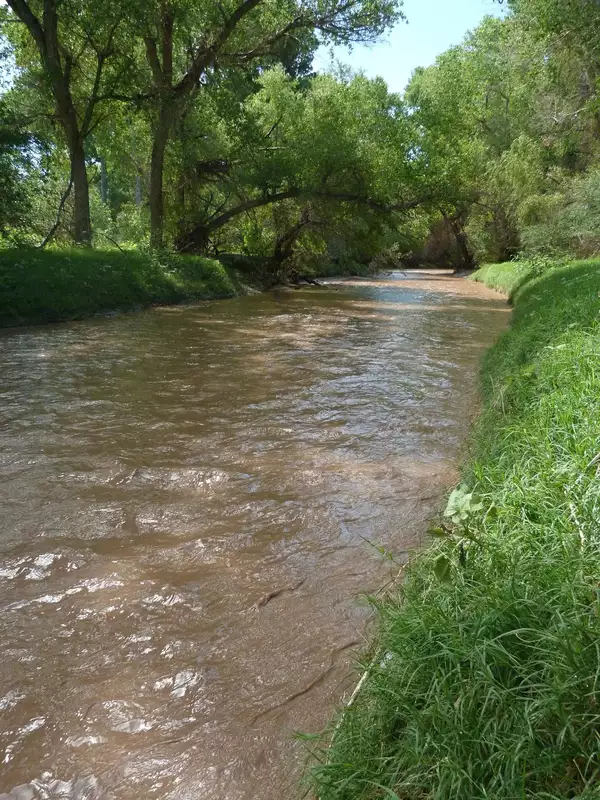 Santa Cruz River running brown and fast after a monsoon storm near Tucson.