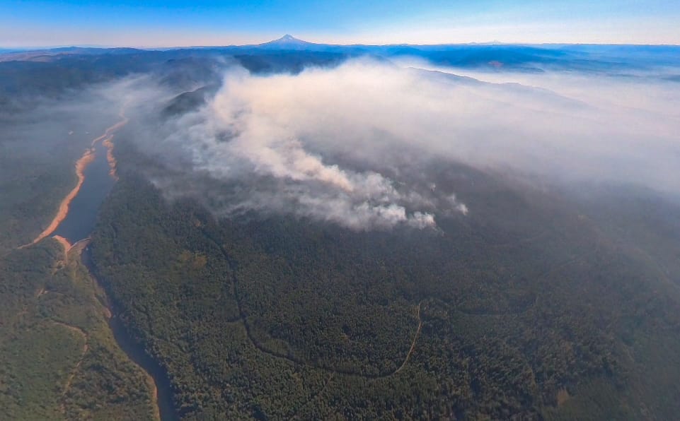 Aerial view of smoke rising above the Bull Run watershed area in Oregon.