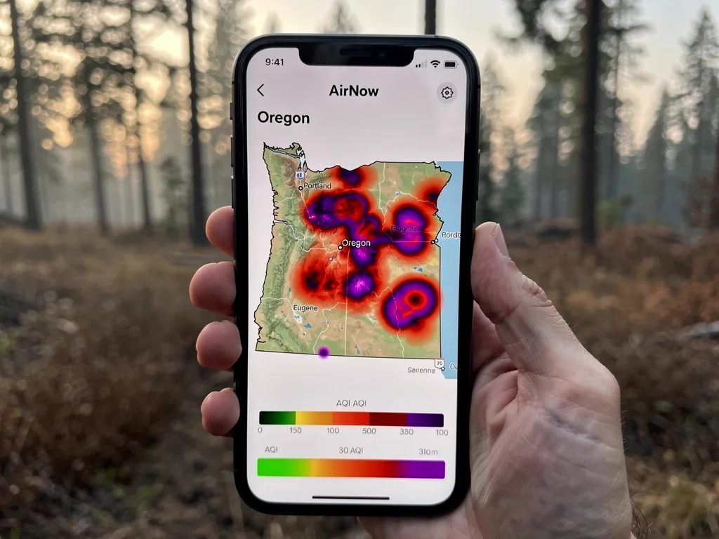 A hand holds a smartphone showing the AirNow fire-and-smoke map for Oregon, with red and purple AQI hotspots visible on screen, soft dry forest background. No text overlay.