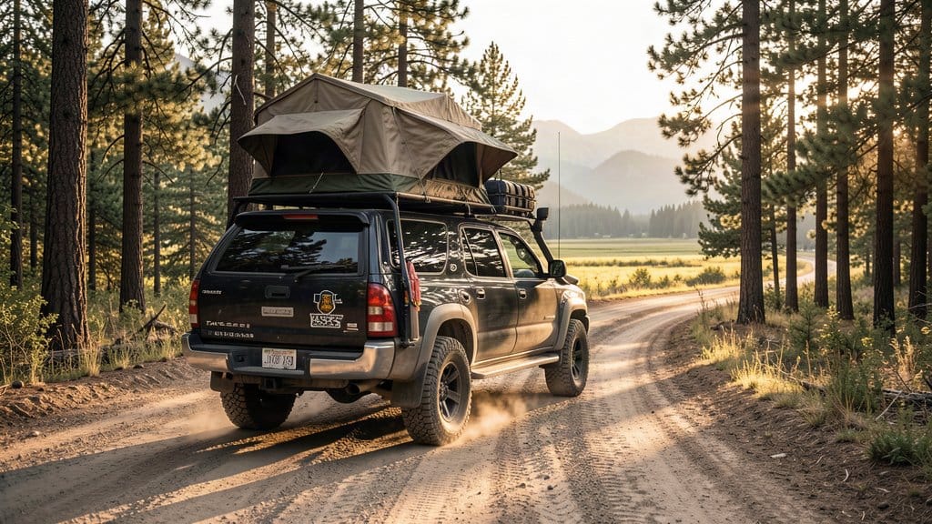 Overland rig on a Pacific Northwest forest service road, dusty trail, late afternoon.
