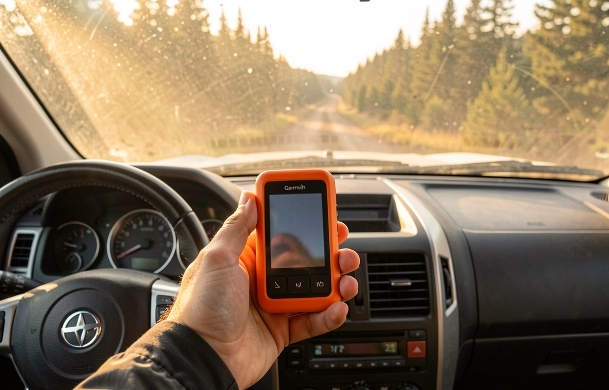 Driver's hand holding an orange Garmin inReach Mini 2 satellite messenger against a dusty pickup dashboard at golden hour, pine forest visible through the windshield.