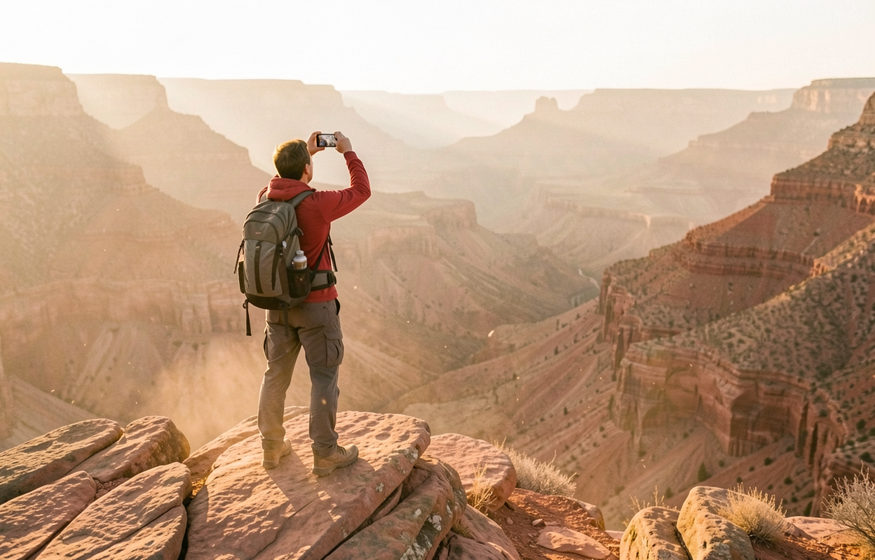 Hiker on a sandstone outcrop at sunrise in a layered red-rock canyon, holding a smartphone up to photograph the view, warm golden light.