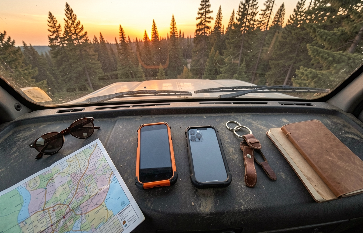 Top-down view of an overland dashboard at sunset: a Garmin inReach Mini 2, an iPhone in a heavy case, a folded paper map, sunglasses, and a leather notebook, pine forest through the