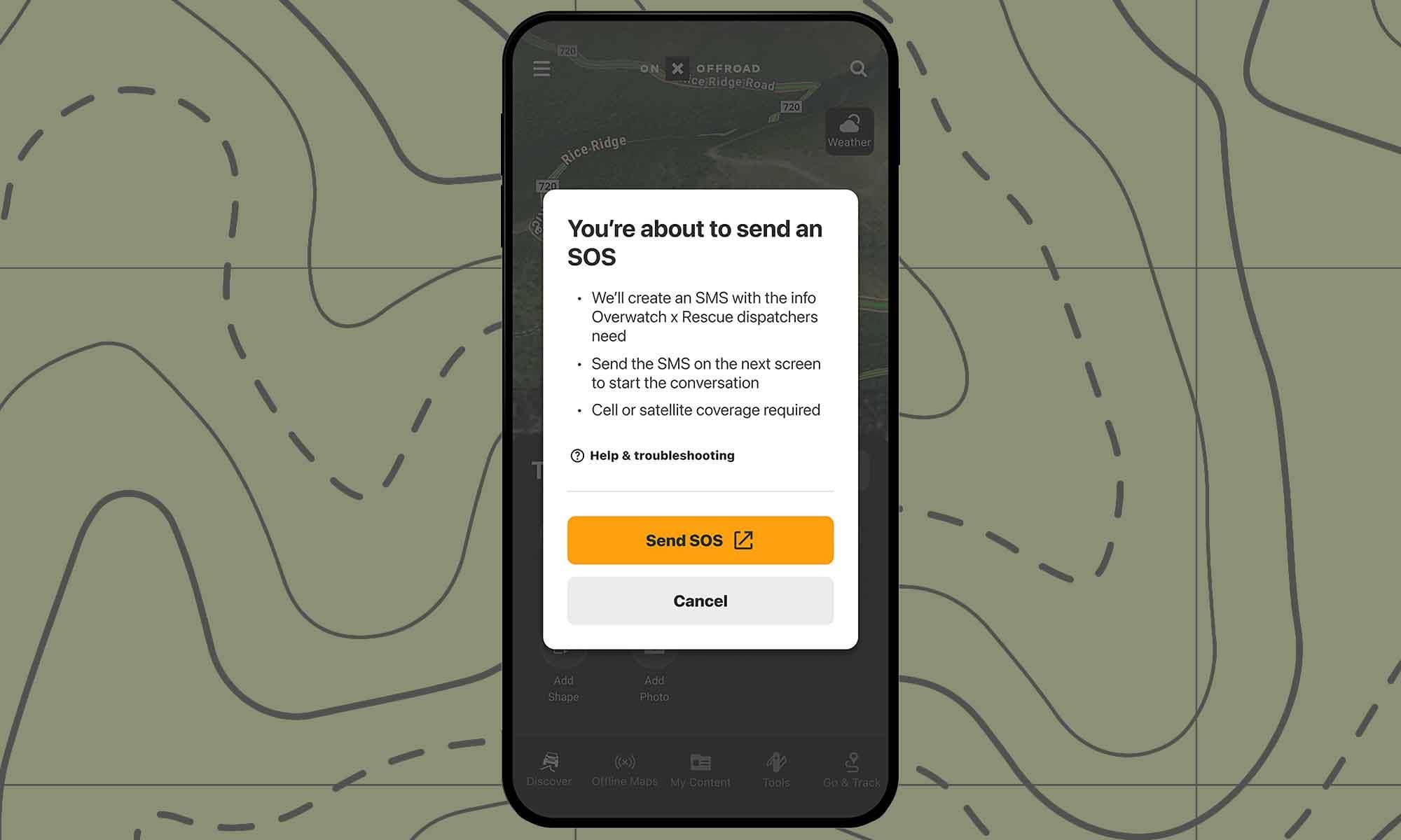 The onX app showing the Send SOS confirmation modal with Overwatch x Rescue details