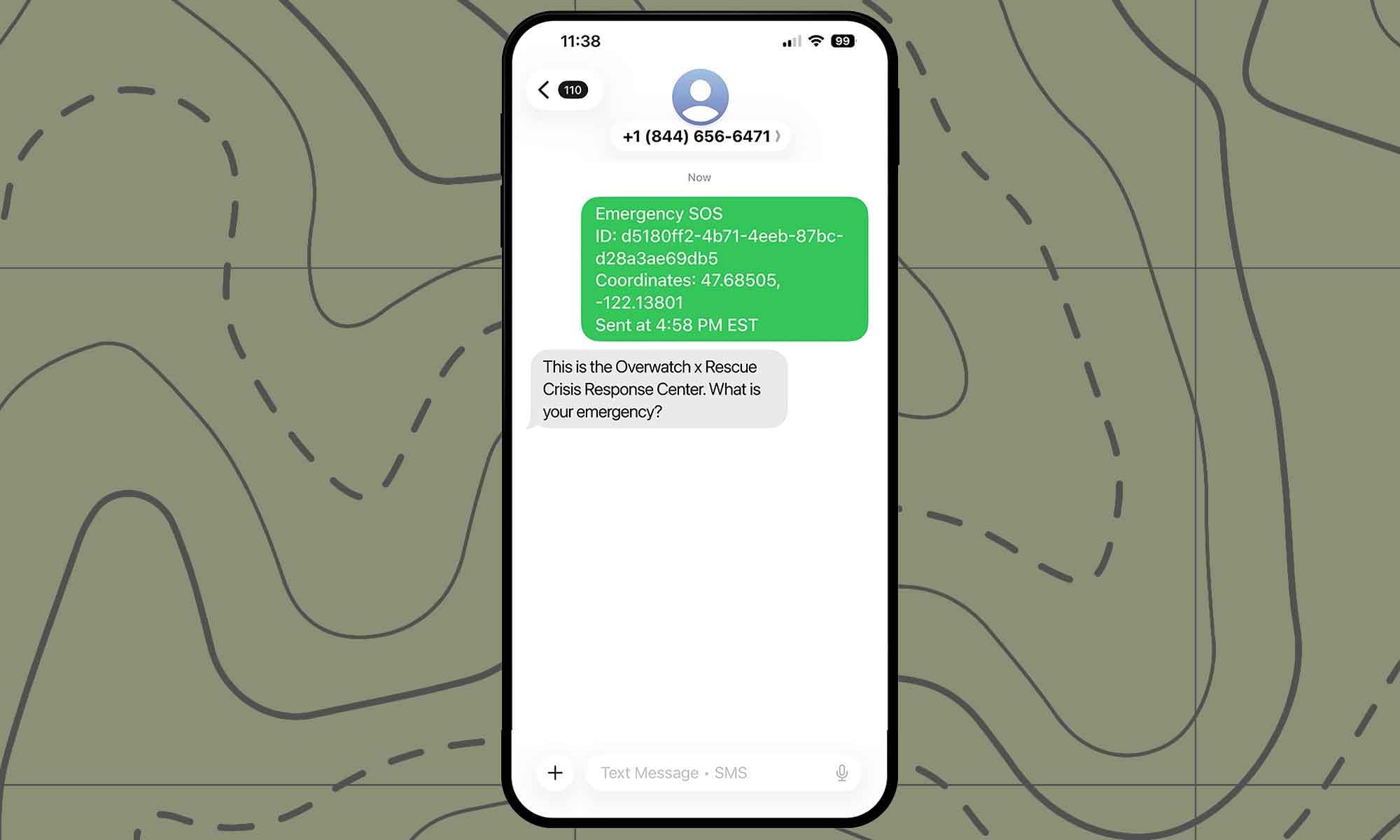 SMS text message exchange between user and Overwatch x Rescue Crisis Response Center