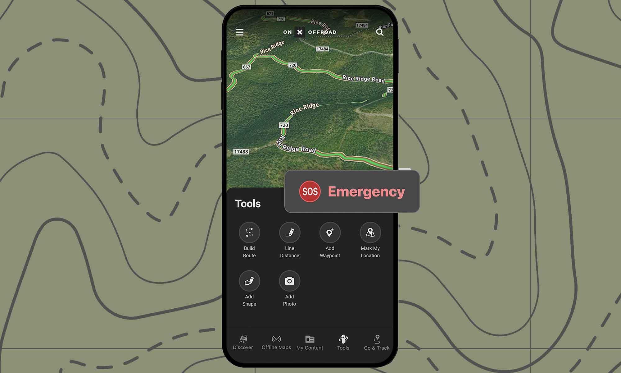 Smartphone displaying the onX Offroad app with the SOS Emergency feature highlighted on a topo-map background