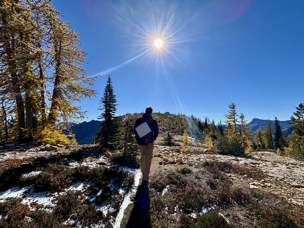 The Mini rides in the outer sleeve of a backpack on a North Cascades alpine trail - real-world section-hike bail-out option.