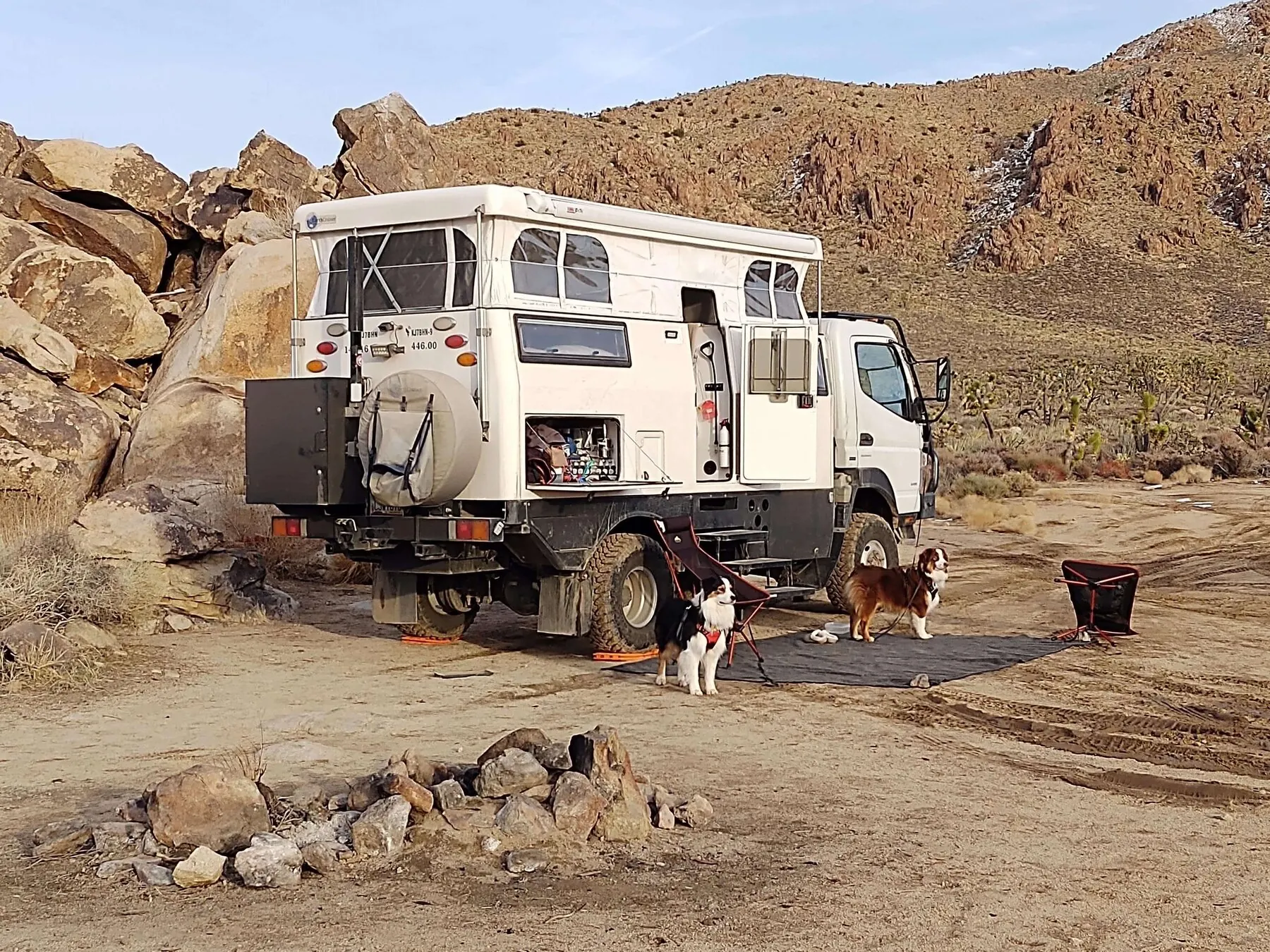 Winter camp, dogs in foreground