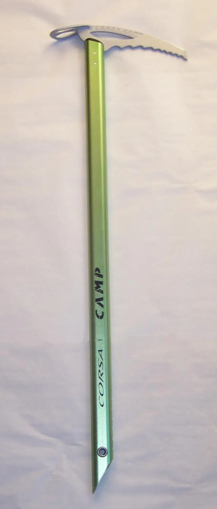 A lightweight aluminum C.A.M.P. Corsa ice axe, the kind of self-arrest tool the Mount Shasta Climber Rangers list as minimum required equipment.