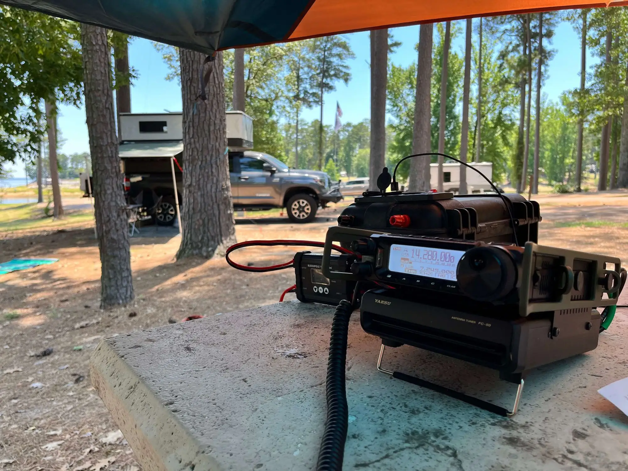 Portable amateur-radio station at a lakeside campground