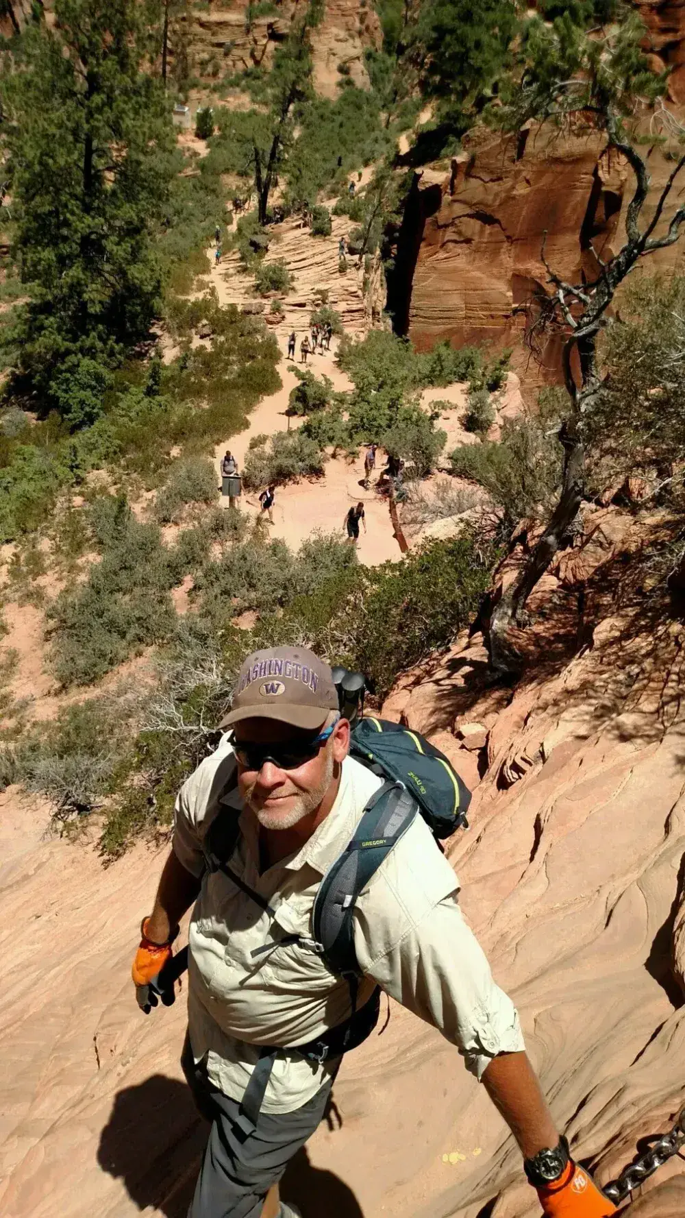 Hiker climbing a red sandstone trail above a canyon