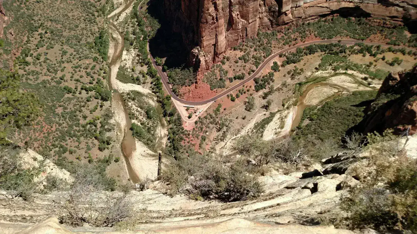 Canyon view with a winding river and road