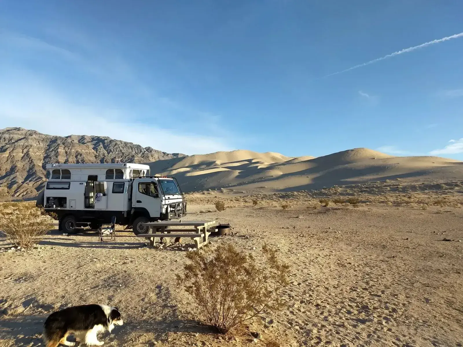 Camper truck and dog in a rocky desert landscape