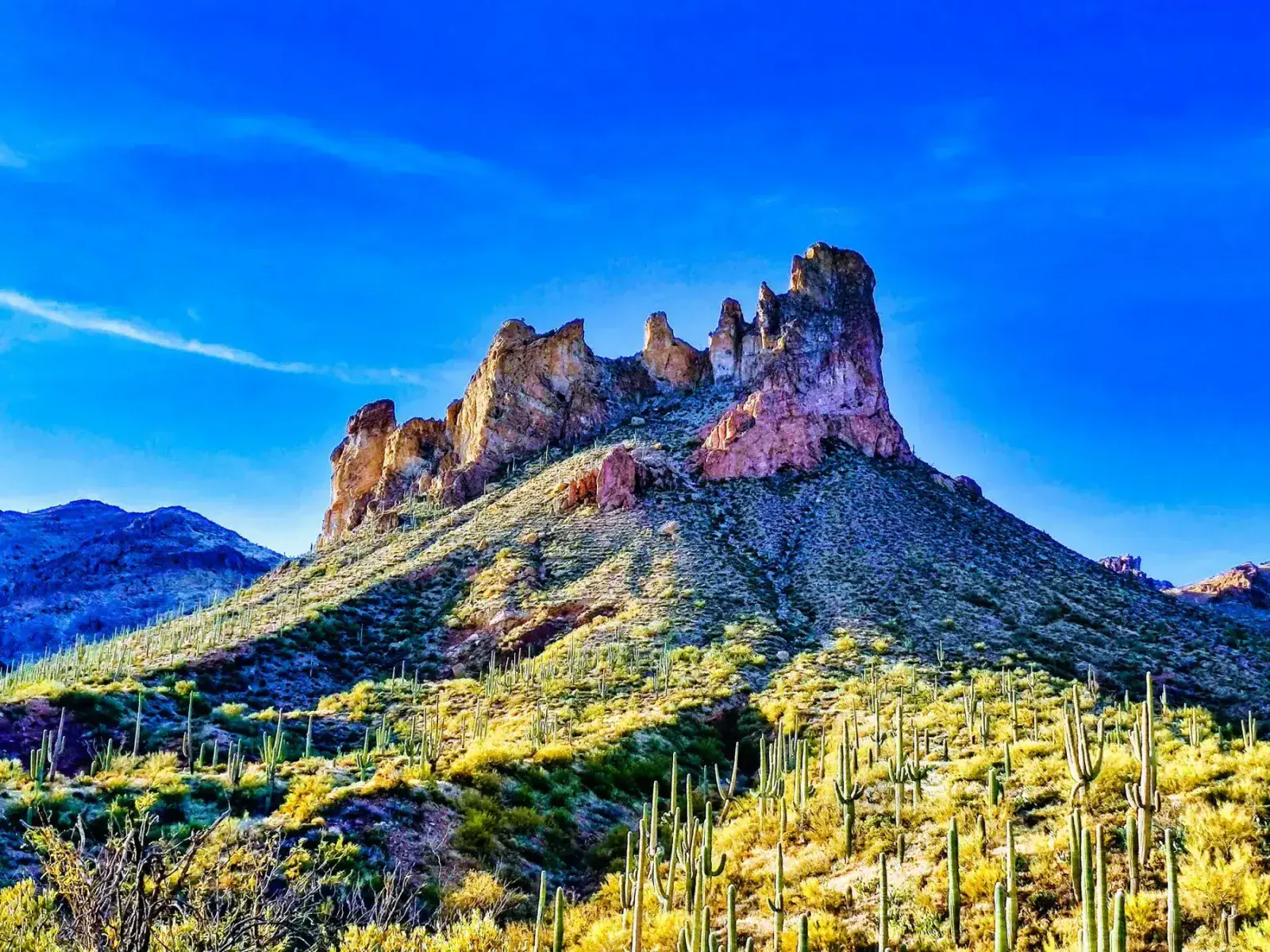 Jagged reddish rock formation above a cactus-covered desert hillside