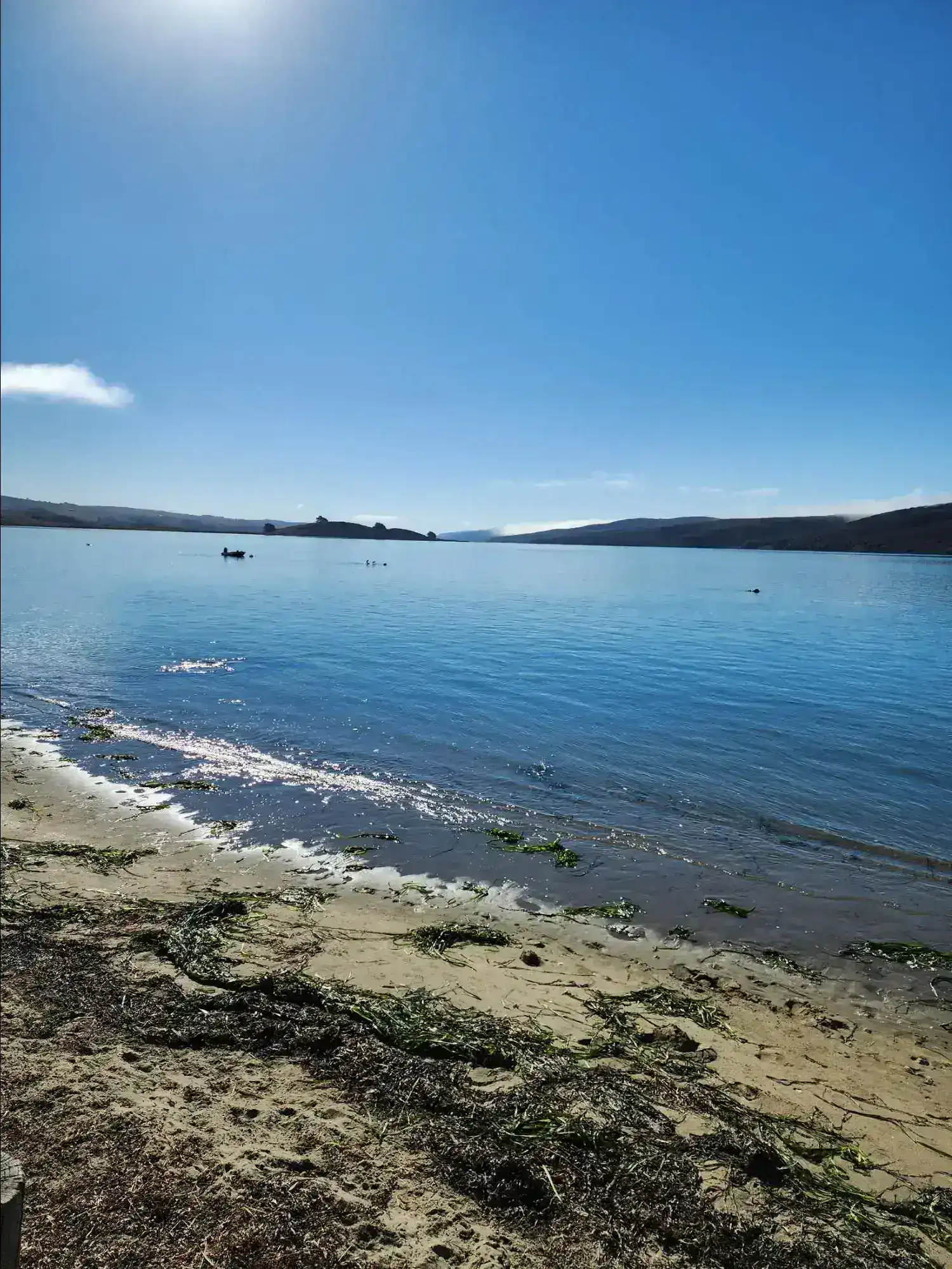 Sandy shoreline with calm water, hills, and a small boat