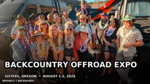 Overland rigs and show-floor crowds at the Backcountry Offroad Expo Sisters stop on August 1-2, 2026, with the Three Sisters peaks as the backdrop