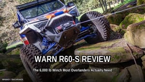 Warn R60-S winch product photo with 'WARN R60-S REVIEW' title overlay and 'WHISKEY 7 BACKROADS' watermark